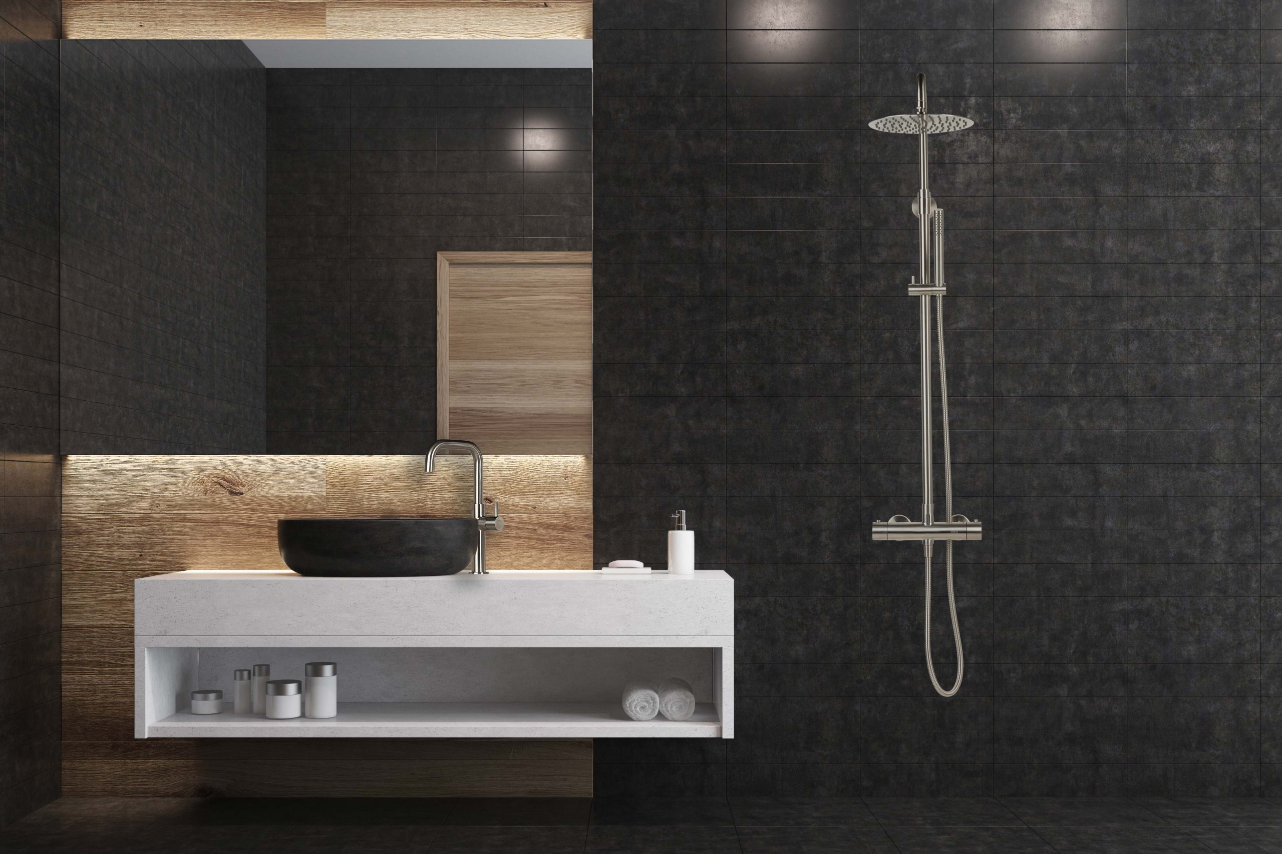 RVS kranen badkamer donkere badkamer icm hout en rvs