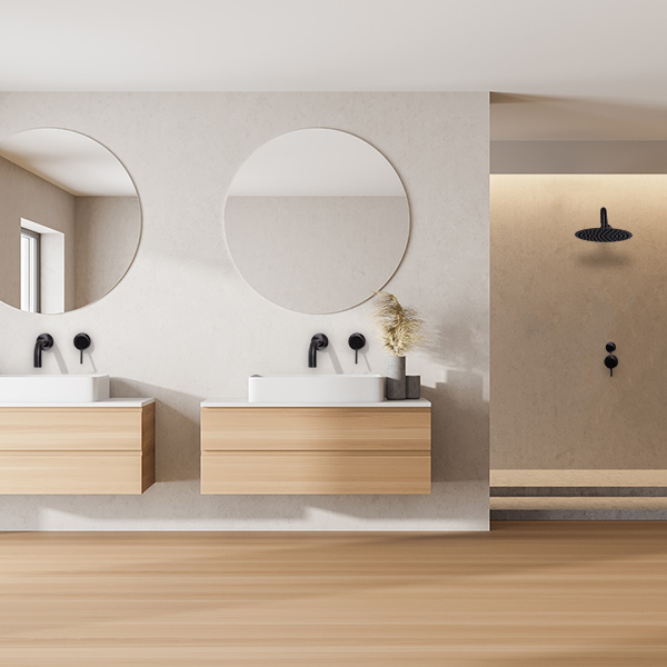 Badkamer hout wit met zwarte inbouw wastafelkranen en Inbouwdouche RVS316 Beldeaux