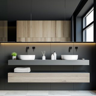 Donkere badkamer met zwarte kranen inbouw RVS316